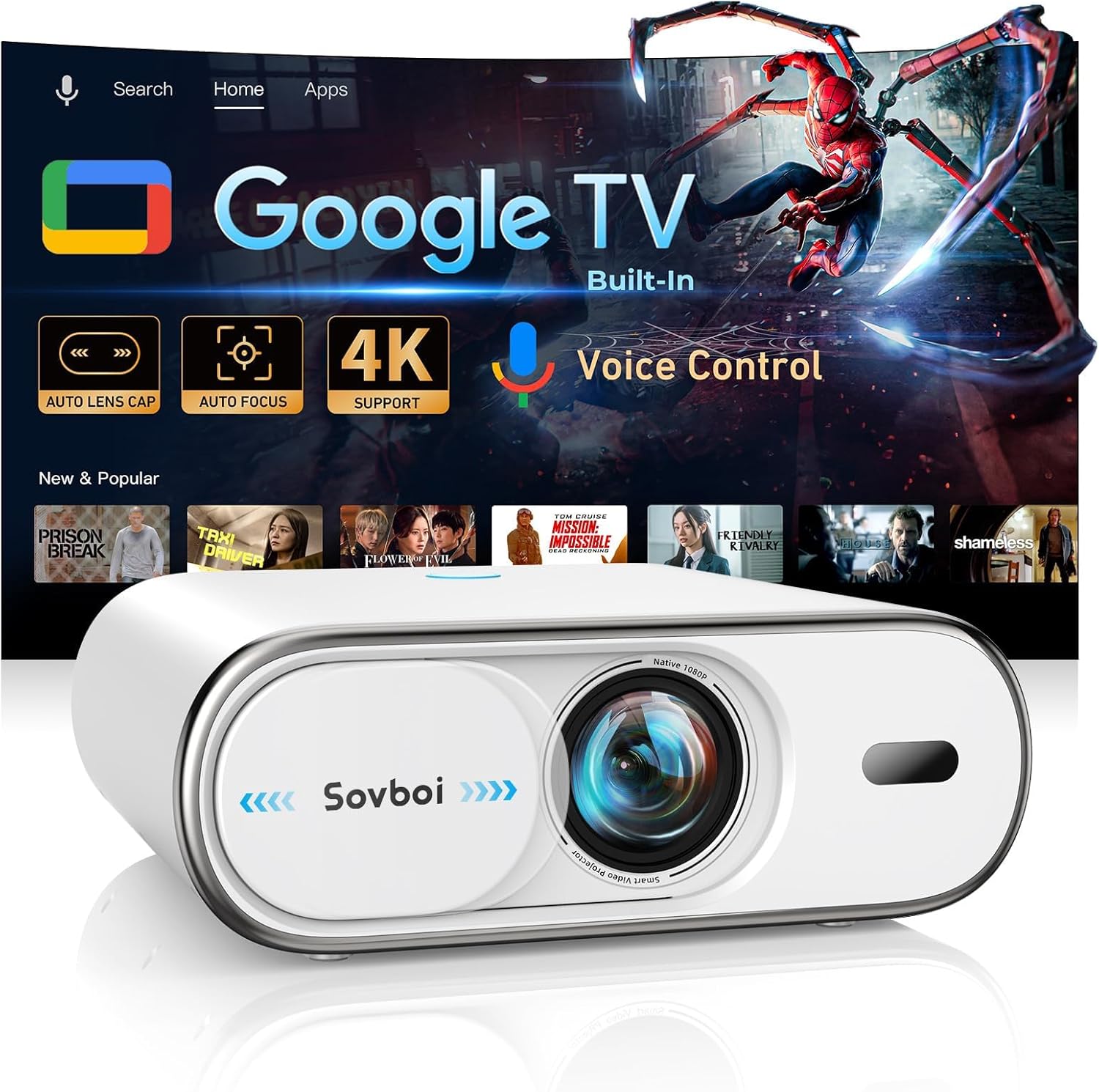 Projector-4K Movie Projecteur Bluetooth: [Built-in Google TV & 2500 Brightness & Auto Lens Cap] AI Voice Control & Auto Focus, WiFi 6, 40W Audio, Sovboi Home Theater Ceiling Projector